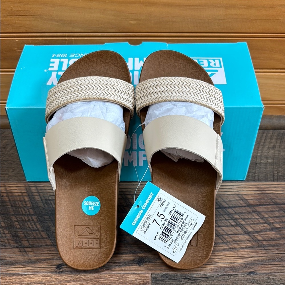 Reef Cream and Brown Sandals with Textured Footbed